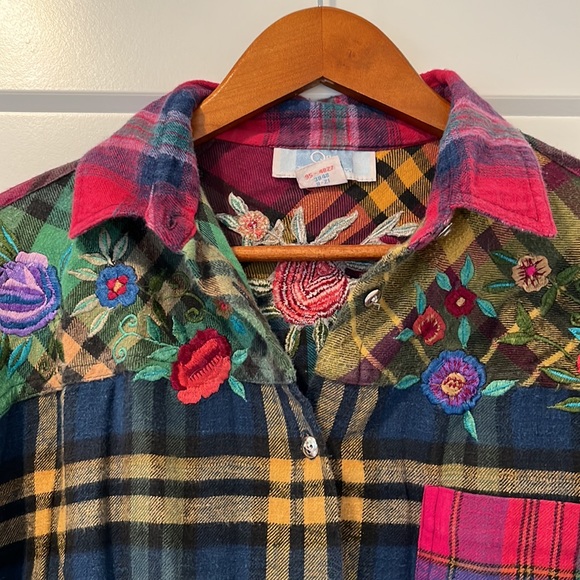 Vintage Multicolor Mixed Plaid and Embroidered Floral Button Down - Picture 2 of 6